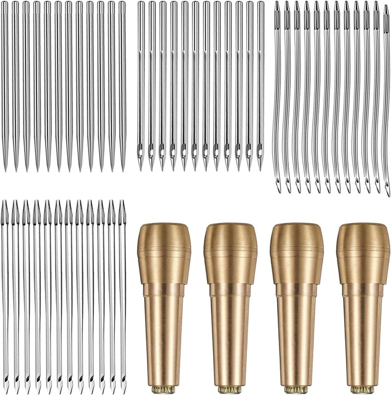Sywan Sewing Awl Needles, 52Pcs Leather Sewing Kit 36p Straight Needle + 12p Curved Crochet Needle + 4p Copper Handle for Hand Sewing Shoes Canvas Repairing - Image 1